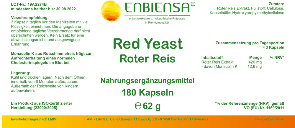Enbiensa Red Yeast Rice (Rotschimmelreis) Kapseln - Ich Steh Auf
